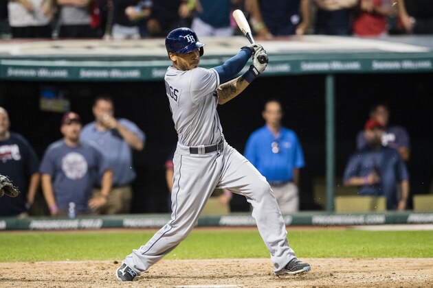 CLEVELAND, OH -  JUNE 21: Desmond Jennings #8 of the Tampa Bay Rays at bat during the ninth inning against the Cleveland Indians at Progressive Field on June 21, 2016 in Cleveland, Ohio. (Photo by Jason Miller/Getty Images)