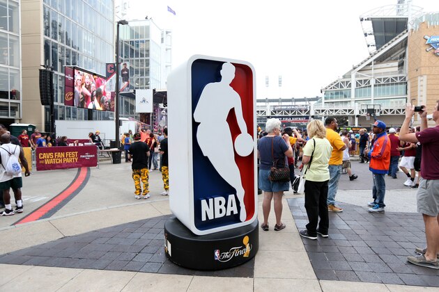 CLEVELAND, OH - JUNE 16:  The NBA logo is center stage during the Cavalier Jam fests during pre-game festivites before Game Six of the 2016 NBA Finals between the Golden State Warriors and the Cleveland Cavaliers on June16, 2016 at Quicken Loans Arena in Cleveland, Ohio. NOTE TO USER: User expressly acknowledges and agrees that, by downloading and/or using this Photograph, user is consenting to the terms and conditions of the Getty Images License Agreement. Mandatory Copyright Notice: Copyright 2016 NBAE (Photo by David Sherman/NBAE via Getty Images)