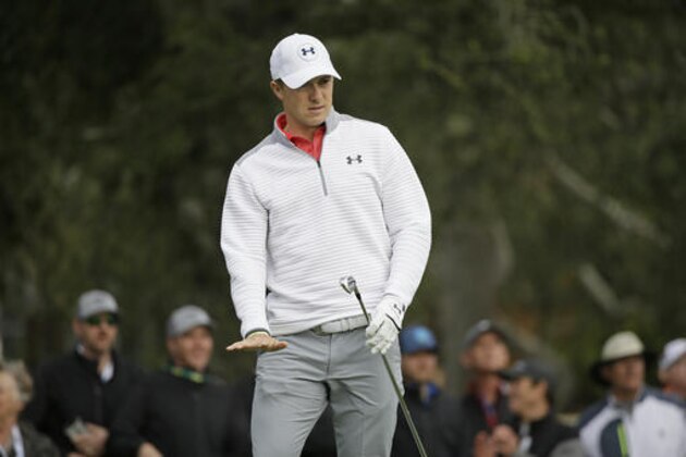 Jordan Spieth urges his ball to slow after hitting from the third tee of the Monterey Peninsula Country Club Shore Course during the first round of the AT&T Pebble Beach National Pro-Am golf tournament Thursday, Feb. 9, 2017, in Pebble Beach, Calif. (AP Photo/Eric Risberg)