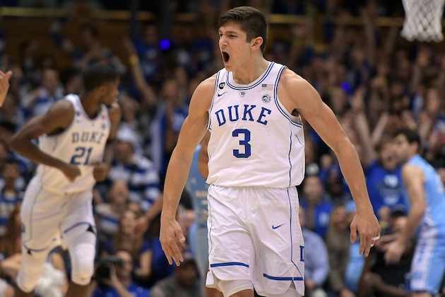DURHAM, NC - FEBRUARY 09: Grayson Allen #3 of the Duke Blue Devils reacts during a game against the North Carolina Tar Heels at Cameron Indoor Stadium on February 9, 2017 in Durham, North Carolina. (Photo by Lance King/Getty Images)