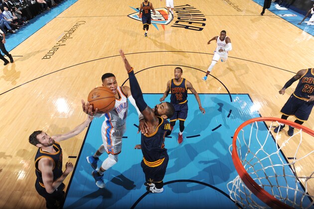 OKLAHOMA CITY, OK - FEBRUARY 9: Russell Westbrook #0 of the Oklahoma City Thunder shoots the ball against the Cleveland Cavaliers during the game on February 9, 2017 at Chesapeake Energy Arena in Oklahoma City, Oklahoma. NOTE TO USER: User expressly acknowledges and agrees that, by downloading and or using this photograph, User is consenting to the terms and conditions of the Getty Images License Agreement. Mandatory Copyright Notice: Copyright 2017 NBAE (Photo by Andrew D. Bernstein/NBAE via Getty Images)