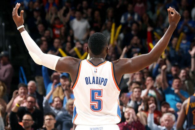 OKLAHOMA CITY, OK- FEBRUARY 9: Victor Oladipo #5 of the Oklahoma City Thunder amps up the crowd during the game against the Cleveland Cavaliers on February 9, 2017 at Chesapeake Energy Arena in Oklahoma City, Oklahoma. NOTE TO USER: User expressly acknowledges and agrees that, by downloading and or using this photograph, User is consenting to the terms and conditions of the Getty Images License Agreement. Mandatory Copyright Notice: Copyright 2017 NBAE (Photo by Layne Murdoch/NBAE via Getty Images)