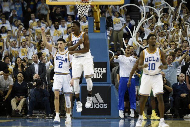 Feb 9, 2017; Los Angeles, CA, USA; UCLA Bruins guard Lonzo Ball (2) celebrates after the game against the Oregon Ducks at Pauley Pavilion. The UCLA Bruins won 82-79. Mandatory Credit: Kelvin Kuo-USA TODAY Sports