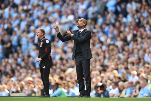 Manchester City's Spanish manager Pep Guardiola (R) gestures on the touchline next to Bournemouth's English manager Eddie Howe (L) during the English Premier League football match between Manchester City and Bournemouth at the Etihad Stadium in Manchester, north west England, on September 17, 2016. / AFP / PAUL ELLIS / RESTRICTED TO EDITORIAL USE. No use with unauthorized audio, video, data, fixture lists, club/league logos or 'live' services. Online in-match use limited to 75 images, no video emulation. No use in betting, games or single club/league/player publications. / (Photo credit should read PAUL ELLIS/AFP/Getty Images) Manchester City's Spanish manager Pep Guardiola (R) gestures on the touchline next to Bournemouth's English manager Eddie Howe (L) during the English Premier League football match between Manchester City and Bournemouth at the Etihad Stadium in Manchester, north west England, on September 17, 2016. / AFP / PAUL ELLIS / RESTRICTED TO EDITORIAL USE. No use with unauthorized audio, video, data, fixture lists, club/league logos or 'live' services. Online in-match use limited to 75 images, no video emulation. No use in betting, games or single club/league/player publications. / (Photo credit should read PAUL ELLIS/AFP/Getty Images)