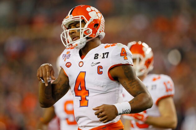 TAMPA, FL - JANUARY 09:  Quarterback Deshaun Watson #4 of the Clemson Tigers reacts during the first half against the Alabama Crimson Tide in the 2017 College Football Playoff National Championship Game at Raymond James Stadium on January 9, 2017 in Tampa, Florida.  (Photo by Kevin C. Cox/Getty Images)