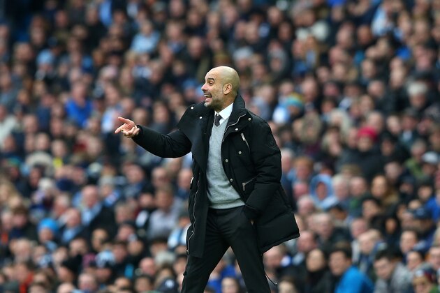MANCHESTER, ENGLAND - FEBRUARY 05:  Josep Guardiola, Manager of Manchester City reacts during the Premier League match between Manchester City and Swansea City at Etihad Stadium on February 5, 2017 in Manchester, England.  (Photo by Alex Livesey/Getty Images)