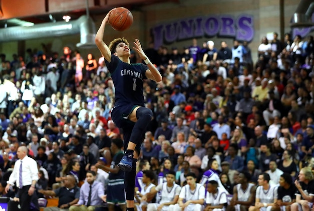 Feb 5, 2017; Rancho Cucamonga, CA, USA; Chino Hills Huskies guard LaMelo Ball (1) against the Rancho Cucamonga Cougars at Rancho Cucamonga High School. Mandatory Credit: Mark J. Rebilas-USA TODAY Sports Feb 5, 2017; Rancho Cucamonga, CA, USA; Chino Hills Huskies guard LaMelo Ball (1) against the Rancho Cucamonga Cougars at Rancho Cucamonga High School. Mandatory Credit: Mark J. Rebilas-USA TODAY Sports