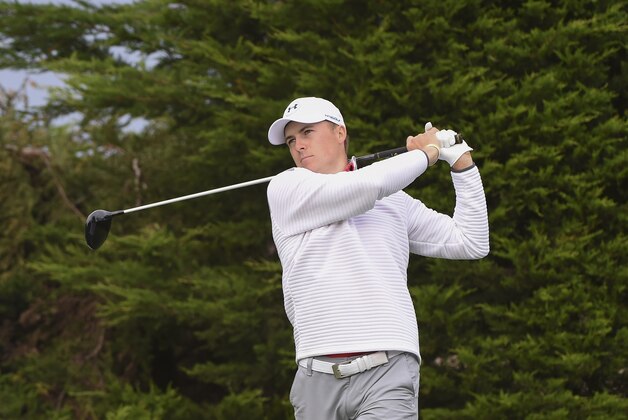 Feb 9, 2017; Pebble Beach, CA, USA;  Jordan Spieth watches his tee shot at the 2nd hole during the first round of the AT&T Pebble Beach Pro-Am golf tournament at Monterey Peninsula Country Club. Mandatory Credit: Michael Madrid-USA TODAY Sports