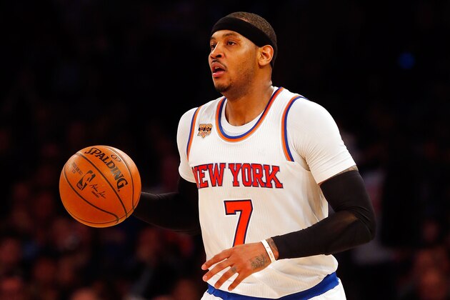 NEW YORK, NY - FEBRUARY 04:  (NEW YORK DAILIES OUT)    Carmelo Anthony #7 of the New York Knicks in action against the Cleveland Cavaliers at Madison Square Garden on February 4, 2017 in New York City. The Cavaliers defeated the Knicks 111-103.  NOTE TO USER: User expressly acknowledges and agrees that, by downloading and/or using this Photograph, user is consenting to the terms and conditions of the Getty Images License Agreement.  (Photo by Jim McIsaac/Getty Images)