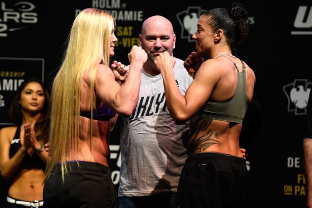BROOKLYN, NEW YORK - FEBRUARY 10:  (L-R) Holly Holm and Germaine de Randamie of The Netherlands face off during the UFC 208 weigh-in inside Kings Theater on February 10, 2017 in Brooklyn, New York. (Photo by Jeff Bottari/Zuffa LLC/Zuffa LLC via Getty Images)