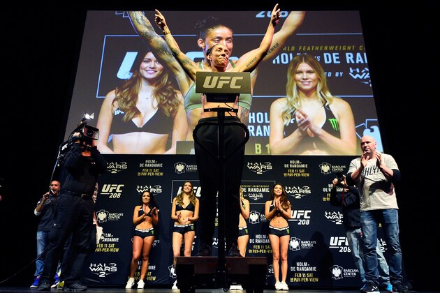 BROOKLYN, NEW YORK - FEBRUARY 10:  Germaine de Randamie of The Netherlands poses on the scale during the UFC 208 weigh-in inside Kings Theater on February 10, 2017 in Brooklyn, New York. (Photo by Mike Roach/Zuffa LLC/Zuffa LLC via Getty Images)