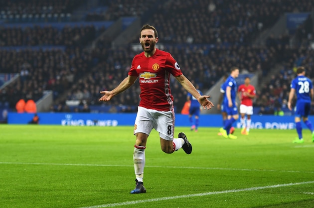 LEICESTER, ENGLAND - FEBRUARY 05:  Juan Mata of Manchester United celebrates as he scores their third goal during the Premier League match between Leicester City and Manchester United at The King Power Stadium on February 5, 2017 in Leicester, England.  (Photo by Shaun Botterill/Getty Images)