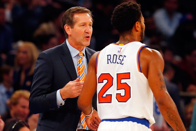 NEW YORK, NY - OCTOBER 29:  (NEW YORK DAILIES OUT)    Head coach Jeff Hornacek and Derrick Rose #25 of the New York Knicks in action against the Memphis Grizzlies at Madison Square Garden on October 29, 2016 in New York City. The Knicks defeated the Grizzlies 111-104.  NOTE TO USER: User expressly acknowledges and agrees that, by downloading and/or using this Photograph, user is consenting to the terms and conditions of the Getty Images License Agreement.  (Photo by Jim McIsaac/Getty Images)