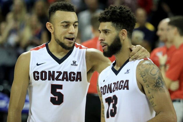 ORLANDO, FL - NOVEMBER 27:  Nigel Williams-Goss #5 and Josh Perkins #13 of the Gonzaga Bulldogs celebrate a victory over the Iowa State Cyclones at HP Field House on November 27, 2016 in Orlando, Florida.  (Photo by Sam Greenwood/Getty Images)