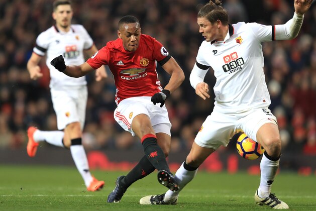 MANCHESTER, ENGLAND - FEBRUARY 11:  Anthony Martial of Manchester United takes on Sebastian Prodl of Watford during the Premier League match between Manchester United and Watford at Old Trafford on February 11, 2017 in Manchester, England.  (Photo by Richard Heathcote/Getty Images)