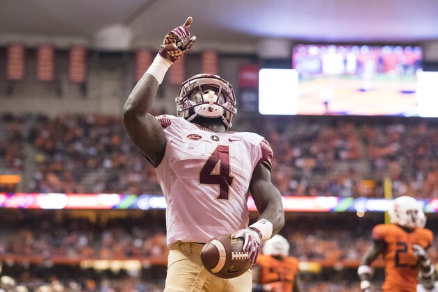 SYRACUSE, NY - NOVEMBER 19:  Dalvin Cook #4 of the Florida State Seminoles celebrates a touchdown run during the game against the Syracuse Orange on November 19, 2016 at The Carrier Dome in Syracuse, New York. Florida State defeats Syracuse 45-14.  (Photo by Brett Carlsen/Getty Images)