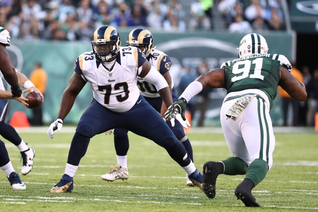 EAST RUTHERFORD, NJ - NOVEMBER 13:  Greg Robinson #73 of the Los Angeles Rams in action against the New York Jets  at MetLife Stadium on November 13, 2016 in East Rutherford, New Jersey.  (Photo by Al Bello/Getty Images)