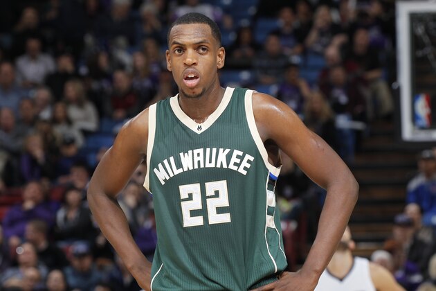 SACRAMENTO, CA - FEBRUARY 1: Khris Middleton #22 of the Milwaukee Bucks looks on during the game against the Sacramento Kings on February 1, 2016 at Sleep Train Arena in Sacramento, California. NOTE TO USER: User expressly acknowledges and agrees that, by downloading and or using this photograph, User is consenting to the terms and conditions of the Getty Images Agreement. Mandatory Copyright Notice: Copyright 2016 NBAE (Photo by Rocky Widner/NBAE via Getty Images)