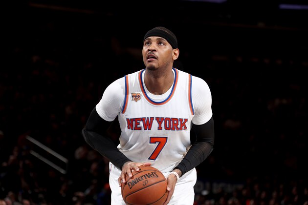 NEW YORK, NY - FEBRUARY 4:  Carmelo Anthony #7 of the New York Knicks shoots a free throw against the Cleveland Cavaliers on February 4, 2017 at Madison Square Garden in New York City, New York.  NOTE TO USER: User expressly acknowledges and agrees that, by downloading and or using this photograph, User is consenting to the terms and conditions of the Getty Images License Agreement. Mandatory Copyright Notice: Copyright 2017 NBAE  (Photo by Nathaniel S. Butler/NBAE via Getty Images)