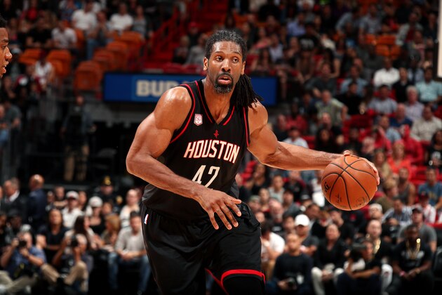 MIAMI, FL - JANUARY 17: Nene Hilario #42 of the Houston Rockets handles the ball during the game against the Miami Heat on January 17, 2017 at AmericanAirlines Arena in Miami, Florida. NOTE TO USER: User expressly acknowledges and agrees that, by downloading and or using this Photograph, user is consenting to the terms and conditions of the Getty Images License Agreement. Mandatory Copyright Notice: Copyright 2017 NBAE (Photo by Issac Baldizon/NBAE via Getty Images)