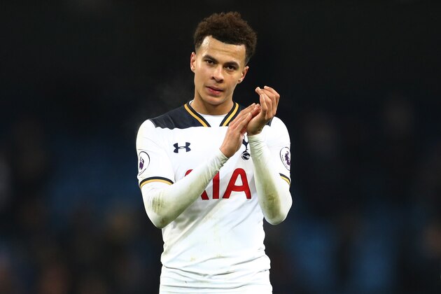 MANCHESTER, ENGLAND - JANUARY 21: Dele Alli of Tottenham Hotspur shows appreciation to the fans after the Premier League match between Manchester City and Tottenham Hotspur at the Etihad Stadium on January 21, 2017 in Manchester, England.  (Photo by Clive Mason/Getty Images)