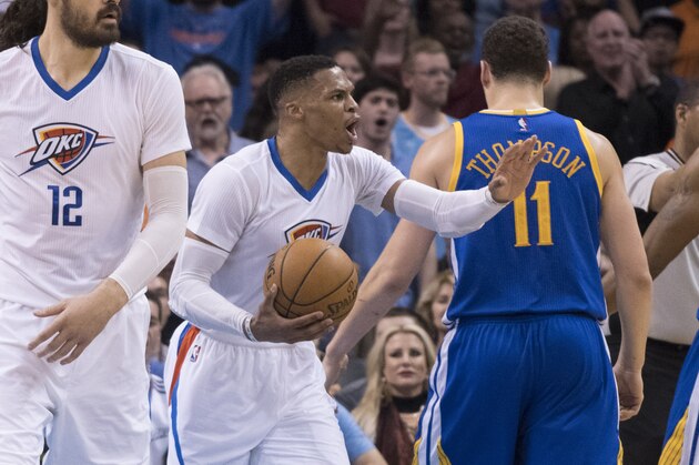 OKLAHOMA CITY, OK - FEBRUARY 11:  Russell Westbrook #0 of the Oklahoma City Thunder argues a penalty call during the second half of a NBA game against the Golden State Warriors  at the Chesapeake Energy Arena on February 11, 2017 in Oklahoma City, Oklahoma.   NOTE TO USER: User expressly acknowledges and agrees that, by downloading and or using this photograph, User is consenting to the terms and conditions of the Getty Images License Agreement. (Photo by J Pat Carter/Getty Images)