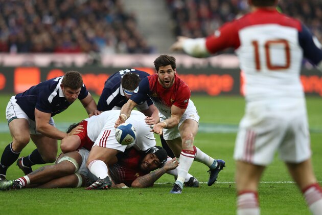 PARIS, FRANCE - FEBRUARY 12:  Maxime Machenaud of France passes the ball out  during the RBS Six Nations match between France and Scotland at Stade de France on February 12, 2017 in Paris, France.  (Photo by David Rogers/Getty Images)