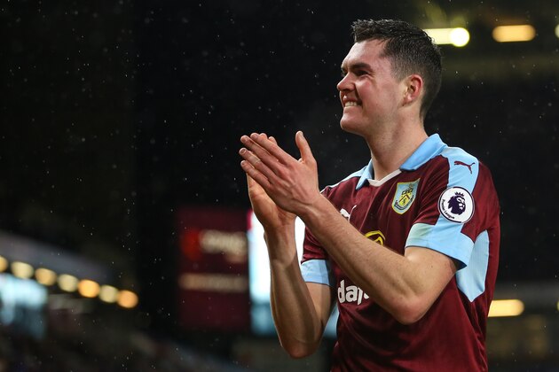 BURNLEY, ENGLAND - JANUARY 31: Michael Keane of Burnley applauds the fans at full time during the Premier League match between Burnley and Leicester City at Turf Moor on January 31, 2017 in Burnley, England. (Photo by Robbie Jay Barratt - AMA/Getty Images)
