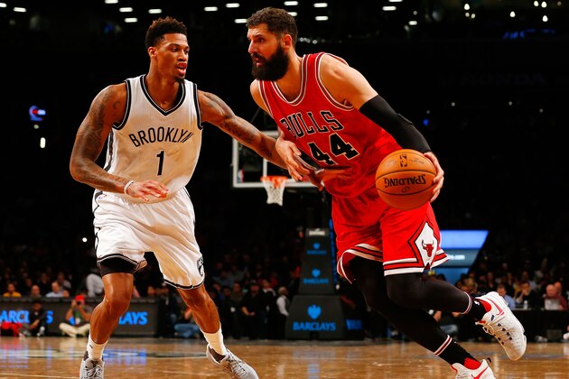 BROOKLYN, NY - OCTOBER 31:  (NEW YORK DAILIES OUT)    Nikola Mirotic #44 of the Chicago Bulls in action against Chris McCullough #1 of the Brooklyn Nets at Barclays Center on October 31, 2016 in the Brooklyn borough of New York City.  The Bulls defeated the Nets 118-88. NOTE TO USER: User expressly acknowledges and agrees that, by downloading and/or using this photograph, user is consenting to the terms and conditions of the Getty Images License Agreement.  (Photo by Jim McIsaac/Getty Images)