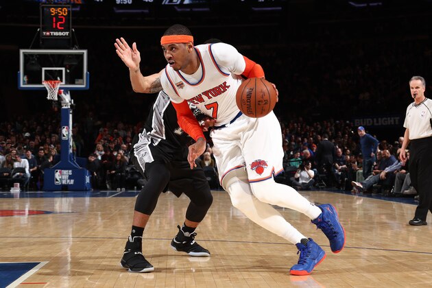 NEW YORK, NY - FEBRUARY 12: Carmelo Anthony #7 of the New York Knicks drives to the basket against the San Antonio Spurs on February 12, 2017 at Madison Square Garden in New York City, New York.  NOTE TO USER: User expressly acknowledges and agrees that, by downloading and or using this photograph, User is consenting to the terms and conditions of the Getty Images License Agreement. Mandatory Copyright Notice: Copyright 2017 NBAE  (Photo by Nathaniel S. Butler/NBAE via Getty Images)