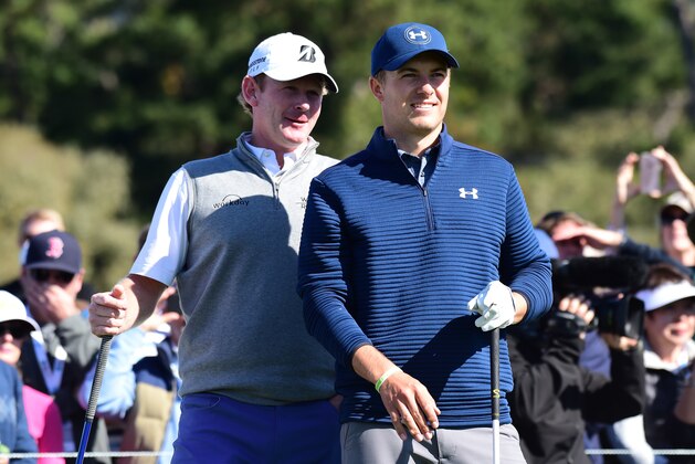 PEBBLE BEACH, CA - FEBRUARY 12:  Jordan Spieth and Brandt Snedeker stand on the sixth hole tee during the Final Round of the AT&T Pebble Beach Pro-Am at Pebble Beach Golf Links on February 12, 2017 in Pebble Beach, California.  (Photo by Harry How/Getty Images)