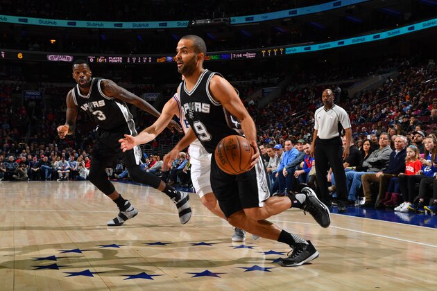 PHILADELPHIA,PA - FEBRUARY 8 : Tony Parker #9 of the San Antonio Spurs drives to the basket against the Philadelphia 76ers at Wells Fargo Center on February 8, 2017 in Philadelphia, Pennsylvania NOTE TO USER: User expressly acknowledges and agrees that, by downloading and/or using this Photograph, user is consenting to the terms and conditions of the Getty Images License Agreement. Mandatory Copyright Notice: Copyright 2016 NBAE (Photo by Jesse D. Garrabrant/NBAE via Getty Images) PHILADELPHIA,PA - FEBRUARY 8 : Tony Parker #9 of the San Antonio Spurs drives to the basket against the Philadelphia 76ers at Wells Fargo Center on February 8, 2017 in Philadelphia, Pennsylvania NOTE TO USER: User expressly acknowledges and agrees that, by downloading and/or using this Photograph, user is consenting to the terms and conditions of the Getty Images License Agreement. Mandatory Copyright Notice: Copyright 2016 NBAE (Photo by Jesse D. Garrabrant/NBAE via Getty Images)