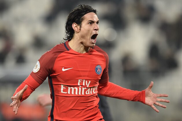 Paris Saint-Germain's Uruguayan forward Edinson Cavani celebrates after scoring a goal during the French Ligue 1 football match between Bordeaux (FCGB) and Paris (PSG) on February 10, 2017 at the Matmut Atlantique stadium in Bordeaux, southwestern France. / AFP / NICOLAS TUCAT        (Photo credit should read NICOLAS TUCAT/AFP/Getty Images)