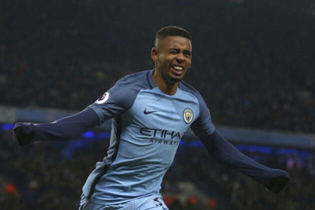 Manchester City's Gabriel Jesus celebrates after he thought he had scored a goal -only for it to be ruled offside during the English Premier League soccer match between Manchester City and Tottenham Hotspur at the Etihad stadium in Manchester, England, Saturday, Jan. 21, 2017. The match ended in a 2-2 draw. (AP Photo/Dave Thompson)
