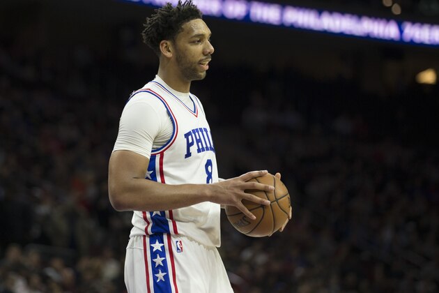 PHILADELPHIA, PA - FEBRUARY 8: Jahlil Okafor #8 of the Philadelphia 76ers looks on against the San Antonio Spurs at the Wells Fargo Center on February 8, 2017 in Philadelphia, Pennsylvania. The Spurs defeated the 76ers 111-103. NOTE TO USER: User expressly acknowledges and agrees that, by downloading and or using this photograph, User is consenting to the terms and conditions of the Getty Images License Agreement. (Photo by Mitchell Leff/Getty Images)
