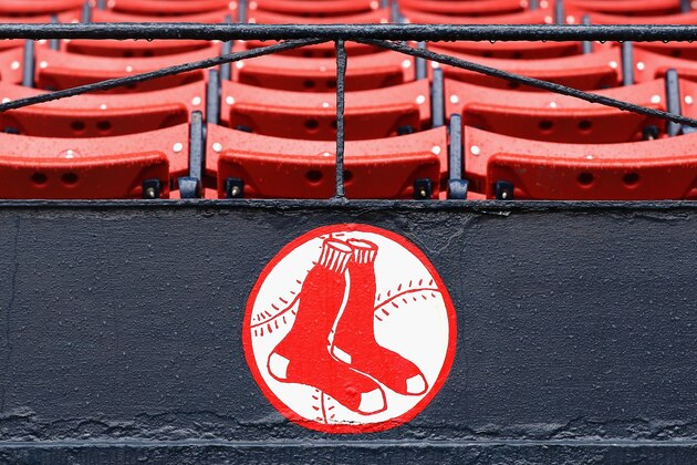 BOSTON, MA - OCTOBER 09:  Raindrops are seen on the Boston Red Sox logo after game three of the American League Divison Series between the Boston Red Sox and the Cleveland Indians was postponed due to weather at Fenway Park on October 9, 2016 in Boston, Massachusetts.  (Photo by Elsa/Getty Images)