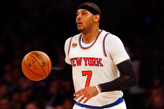 NEW YORK, NY - FEBRUARY 04:  (NEW YORK DAILIES OUT)    Carmelo Anthony #7 of the New York Knicks in action against the Cleveland Cavaliers at Madison Square Garden on February 4, 2017 in New York City. The Cavaliers defeated the Knicks 111-103.  NOTE TO USER: User expressly acknowledges and agrees that, by downloading and/or using this Photograph, user is consenting to the terms and conditions of the Getty Images License Agreement.  (Photo by Jim McIsaac/Getty Images)