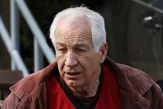 Former Penn State University assistant football coach Jerry Sandusky leaves the Centre County Courthouse after attending a hearing about his appeal in Bellefonte, Pa., Thursday, Oct. 29, 2015. (AP Photo/Gene J. Puskar)