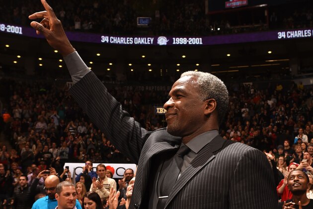 TORONTO, CANADA - March 13 : Former NBA player Charles Oakley during the game between the Miami Heat and Toronto Raptors on March 13, 2015 at the Air Canada Centre in Toronto, Ontario, Canada.  NOTE TO USER: User expressly acknowledges and agrees that, by downloading and or using this Photograph, user is consenting to the terms and conditions of the Getty Images License Agreement.  Mandatory Copyright Notice: Copyright 2015 NBAE (Photo by Ron Turenne/NBAE via Getty Images)