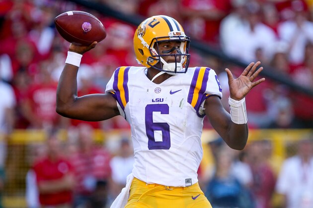 GREEN BAY, WI - SEPTEMBER 3:  Brandon Harris #6 of the LSU Tigers throws a pass in the third quarter against the Wisconsin Badgers at Lambeau Field on September 3, 2016 in Green Bay, Wisconsin. (Photo by Dylan Buell/Getty Images)