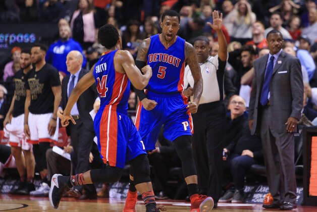 TORONTO, ON - FEBRUARY 12: Kentavious Caldwell-Pope #5 of the Detroit Pistons celebrates after sinking the winning basket late in the second half of an NBA game against the Toronto Raptors at Air Canada Centre on February 12, 2017 in Toronto, Canada. NOTE TO USER: User expressly acknowledges and agrees that, by downloading and or using this photograph, User is consenting to the terms and conditions of the Getty Images License Agreement. (Photo by Vaughn Ridley/Getty Images) TORONTO, ON - FEBRUARY 12: Kentavious Caldwell-Pope #5 of the Detroit Pistons celebrates after sinking the winning basket late in the second half of an NBA game against the Toronto Raptors at Air Canada Centre on February 12, 2017 in Toronto, Canada. NOTE TO USER: User expressly acknowledges and agrees that, by downloading and or using this photograph, User is consenting to the terms and conditions of the Getty Images License Agreement. (Photo by Vaughn Ridley/Getty Images)