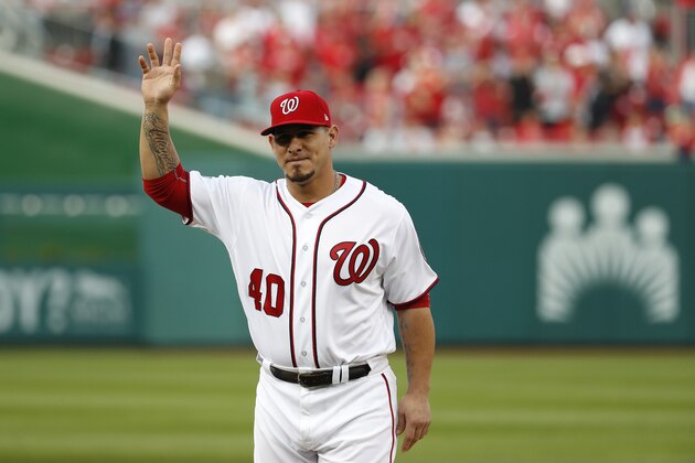 WASHINGTON, DC - OCTOBER 7: Wilson Ramos #40 of the Washington Nationals throws out the ceremonial first pitch prior to game one of the National League Division Series against the Los Angeles Dodgers at Nationals Park on October 7, 2016 in Washington, DC. (Photo by Alex Brandon/AP - Pool /Getty Images)