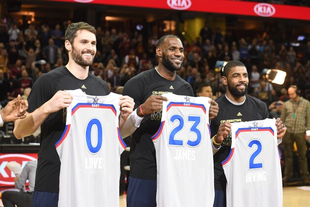 CLEVELAND, OH - FEBRUARY 11: Kevin Love #0 LeBron James #23 and Kyrie Irving #2 of the Cleveland Cavaliers receive their All-Star jerseys prior to the game against the Denver Nuggets at Quicken Loans Arena on February 11, 2017 in Cleveland, Ohio. NOTE TO USER: User expressly acknowledges and agrees that, by downloading and/or using this photograph, user is consenting to the terms and conditions of the Getty Images License Agreement. Mandatory copyright notice. (Photo by Jason Miller/Getty Images)