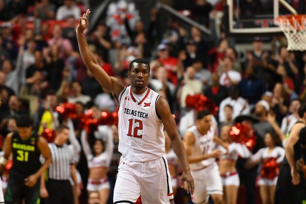 LUBBOCK, TX - FEBRUARY 13: Keenan Evans #12 of the Texas Tech Red Raiders reacts to making a three-point basket during the game against the Baylor Bears on February 13, 2017 at United Supermarkets Arena in Lubbock, Texas. (Photo by John Weast/Getty Images)