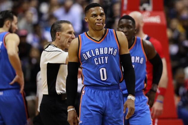WASHINGTON, DC - FEBRUARY 13: Russell Westbrook #0 of the Oklahoma City Thunder reacts to a play against the Washington Wizards in the first half at Verizon Center on February 13, 2017 in Washington, DC.  NOTE TO USER: User expressly acknowledges and agrees that, by downloading and or using this photograph, User is consenting to the terms and conditions of the Getty Images License Agreement.  (Photo by Rob Carr/Getty Images)