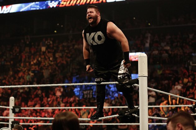 NEW YORK, NY - AUGUST 23:  Kevin Owens celebrates his victory over Cesaro at the WWE SummerSlam 2015 at Barclays Center of Brooklyn on August 23, 2015 in New York City.  (Photo by JP Yim/Getty Images)