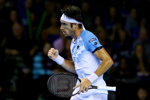 GLASGOW, SCOTLAND - SEPTEMBER 18:  Leonardo Mayer of Argentina celebrates a point during his singles match against Dan Evans of Great Britain during day three of the Davis Cup semi final between Great Britain and Argentina at Emirates Arena on September 18, 2016 in Glasgow, Scotland.  (Photo by Clive Brunskill/Getty Images)