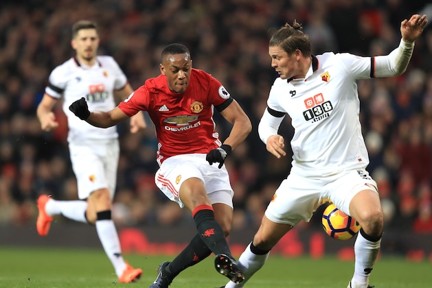 MANCHESTER, ENGLAND - FEBRUARY 11:  Anthony Martial of Manchester United takes on Sebastian Prodl of Watford during the Premier League match between Manchester United and Watford at Old Trafford on February 11, 2017 in Manchester, England.  (Photo by Richard Heathcote/Getty Images)