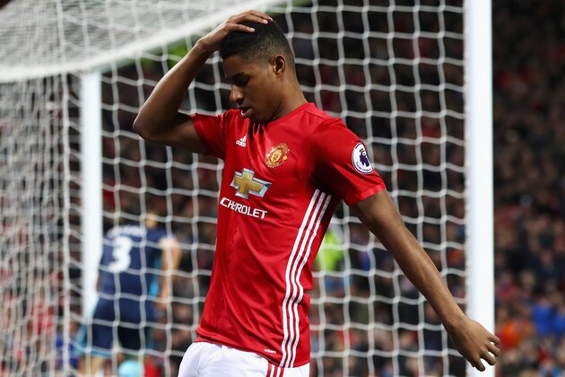 MANCHESTER, ENGLAND - DECEMBER 31:  Marcus Rashford of Manchester United reacts to a missed chance on goal during the Premier League match between Manchester United and Middlesbrough at Old Trafford on December 31, 2016 in Manchester, England.  (Photo by Matthew Lewis/Getty Images)