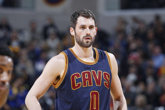 INDIANAPOLIS, IN - FEBRUARY 08: Kevin Love #0 of the Cleveland Cavaliers looks on against the Indiana Pacers during the game at Bankers Life Fieldhouse on February 8, 2017 in Indianapolis, Indiana. The Cavaliers defeated the Pacers 132-117. NOTE TO USER: User expressly acknowledges and agrees that, by downloading and or using the photograph, User is consenting to the terms and conditions of the Getty Images License Agreement. (Photo by Joe Robbins/Getty Images)